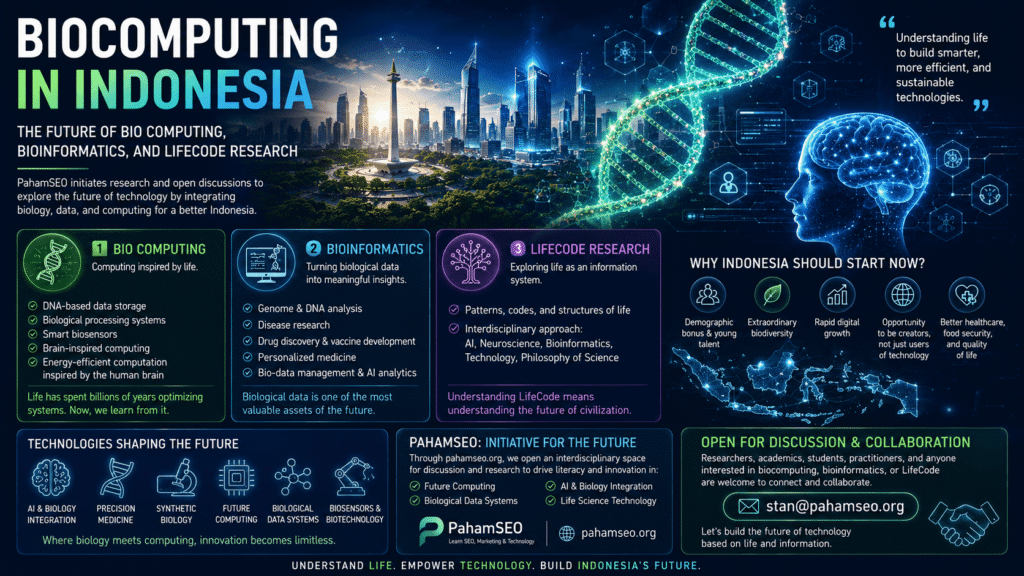 A futuristic 16:9 infographic titled “Biocomputing in Indonesia” featuring the integration of technology, DNA, bioinformatics, AI, and LifeCode research. The visual showcases a modern futuristic Indonesian city skyline, glowing DNA helix structures, a digital human brain illustration, and informational panels explaining bio computing, bioinformatics, and future biological technologies. The infographic highlights AI and biology integration, precision medicine, synthetic biology, and future computing concepts. At the bottom, PahamSEO branding and an open collaboration invitation via stan@pahamseo.org are displayed. Dominant neon blue and green tones create an innovative, scientific, and futuristic atmosphere.