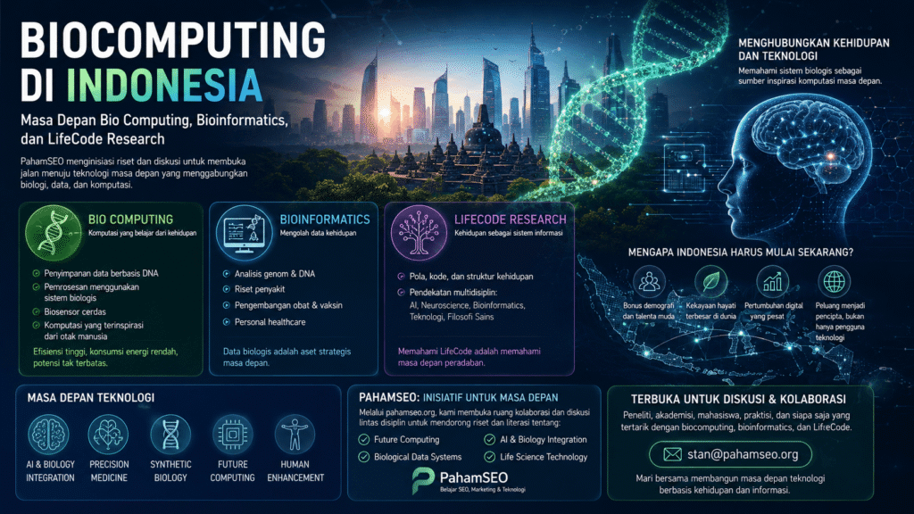 Infografis futuristik bertema “Biocomputing di Indonesia” dengan format 16:9 menampilkan perpaduan teknologi, DNA, bioinformatics, AI, dan riset LifeCode. Visual menampilkan kota modern futuristik Indonesia, heliks DNA bercahaya, ilustrasi otak digital manusia, serta panel informasi tentang bio computing, bioinformatics, dan masa depan teknologi biologis. Terdapat penjelasan mengenai AI & biology integration, precision medicine, synthetic biology, dan future computing. Di bagian bawah terdapat branding PahamSEO serta ajakan kolaborasi riset melalui email stan@pahamseo.org. Dominasi warna biru neon dan hijau memberikan kesan inovatif, ilmiah, dan futuristik.