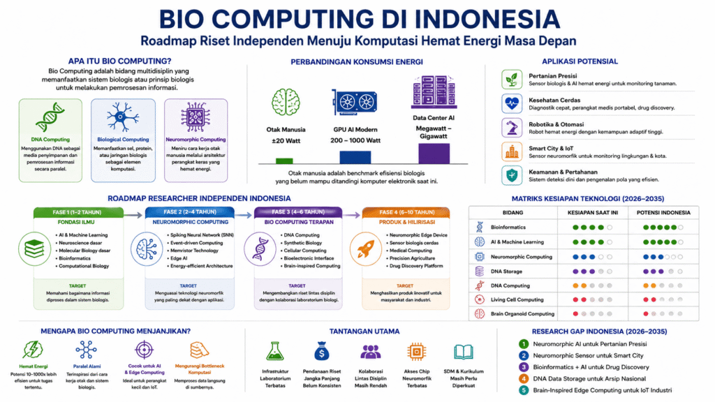 Infografis Bio Computing di Indonesia dengan latar putih yang menampilkan definisi Bio Computing, DNA Computing, Biological Computing, Neuromorphic Computing, perbandingan konsumsi energi antara otak manusia, GPU AI, dan data center, roadmap researcher independen Indonesia, matriks kesiapan teknologi, tantangan utama, serta peluang riset bio computing dan AI hemat energi. Konten edukasi teknologi masa depan oleh PahamSEO.